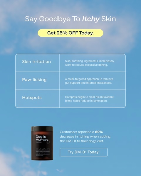 A 4:5 vertical ad for a dog multivitamin that uses a clear, high-contrast table to outline common skin issues and how the product addresses them.
